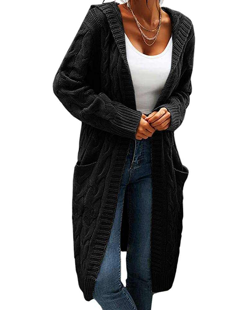 GeGekoko Strickjacke Damen mit Kapuze Langarm Grobstrick-Cardigan Open Front Sweater Herbst Winter C