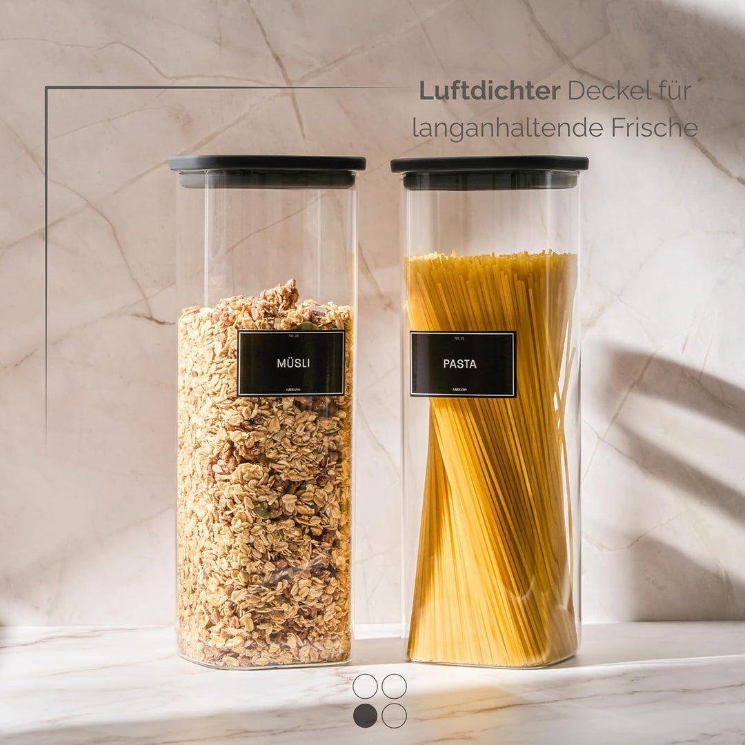 Greeano Vorratsgläser eckig mit Glasdeckel 2400ml [2er Set] – Vorratsdosen Glas luftdicht & mottensi