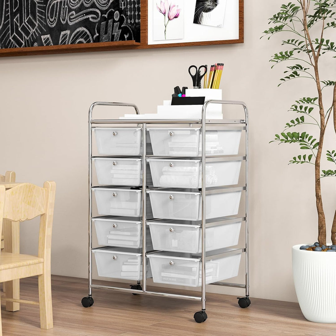 COSTWAY Rollwagen mit 10 stapelbaren Schubladen, Schubladenwagen Rollcontainer mit Metallgestell und