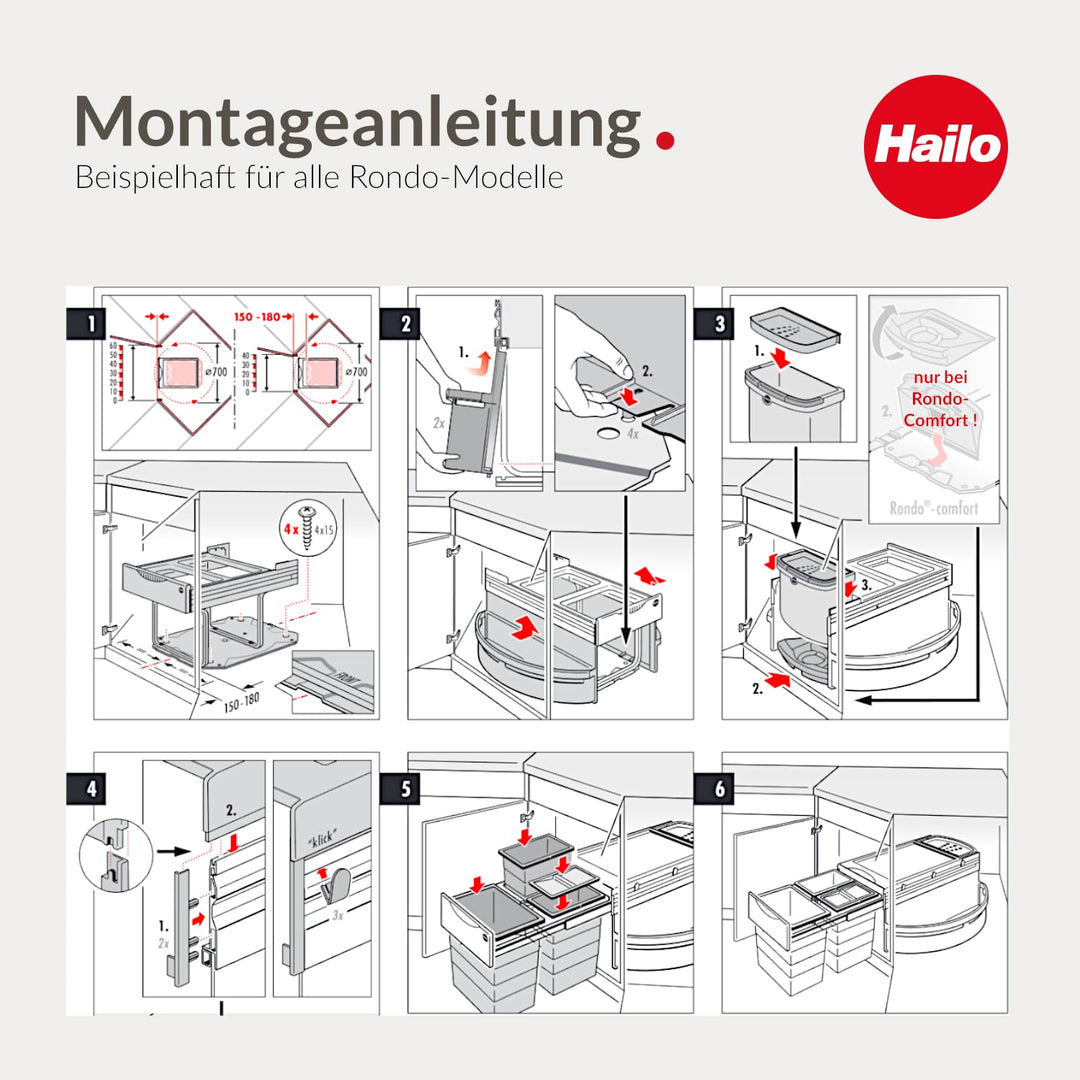 Hailo Abfallsammler Rondo 3645121 | Eckabfallsammler 2fach für 90x90 Eckunterschrank | 2x 18 Liter I