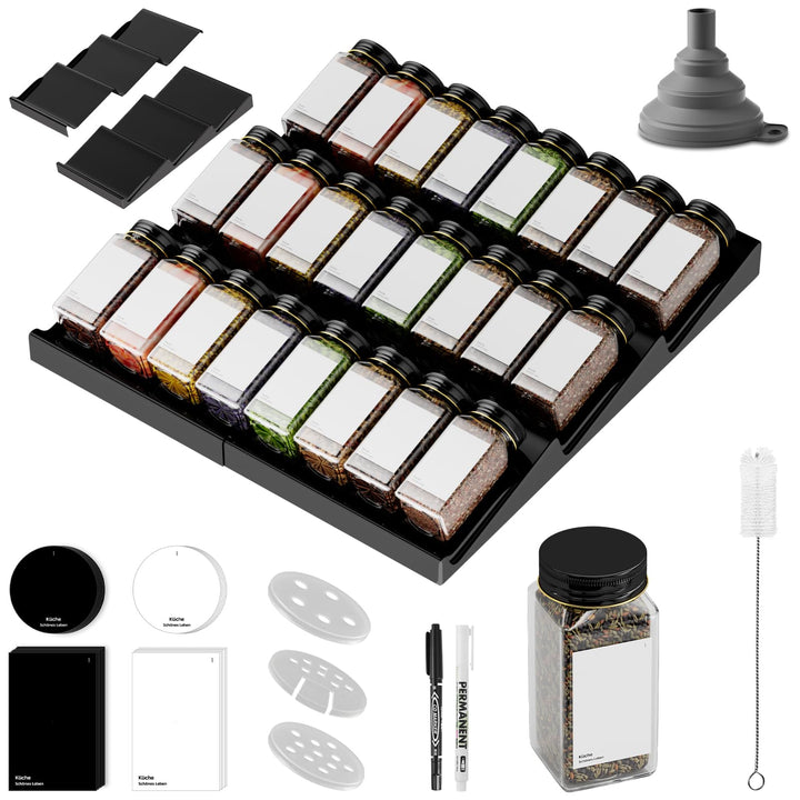 Miorkly Gewürzgläser mit Gewürzregal - 24 Eckige Gewürzdosen mit Etiketten 24 Aluminiumdeckel, 24 Al