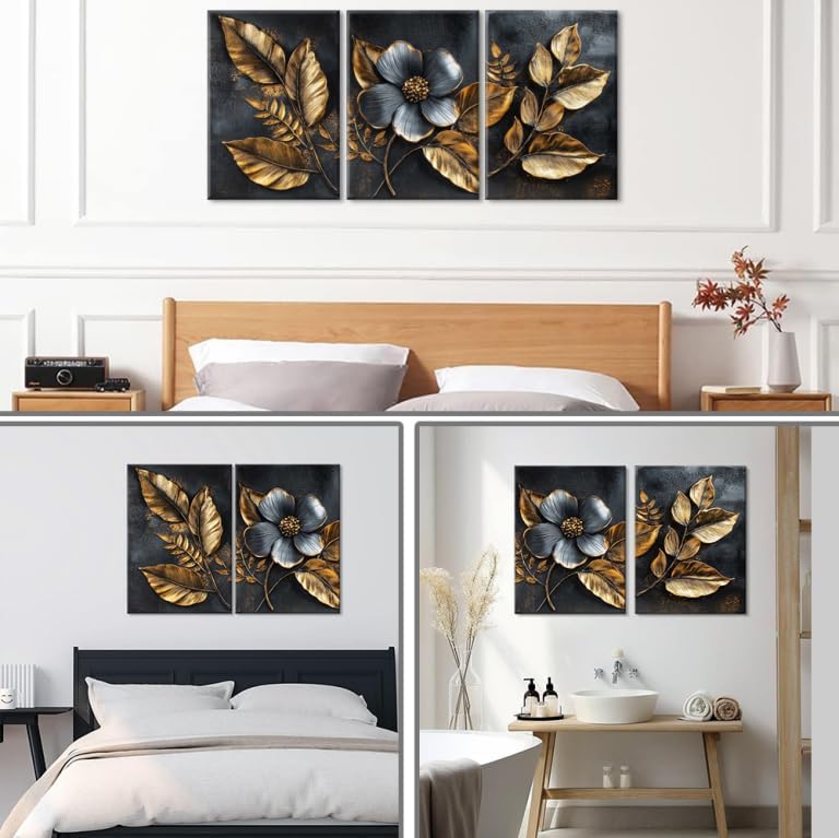 Piy Painting Blumen Wandgemälde, Schwarz Und Goldene Kunst Poster, Pflanzen Leinwand Gemälde, Leicht