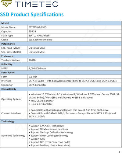 Timetec SSD 3D NAND TLC SATA III 6 Gb/s 2,5 Zoll 7 mm(0,28 Zoll)200 TBW Lesegeschwindigkeit Bis zu 5