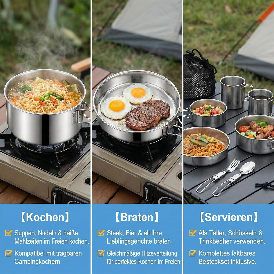 Camping Kochgeschirr Set - Camping Geschirr Set 304 Edelstahl Mini-Picknick-Camping Kochset, Edelsta