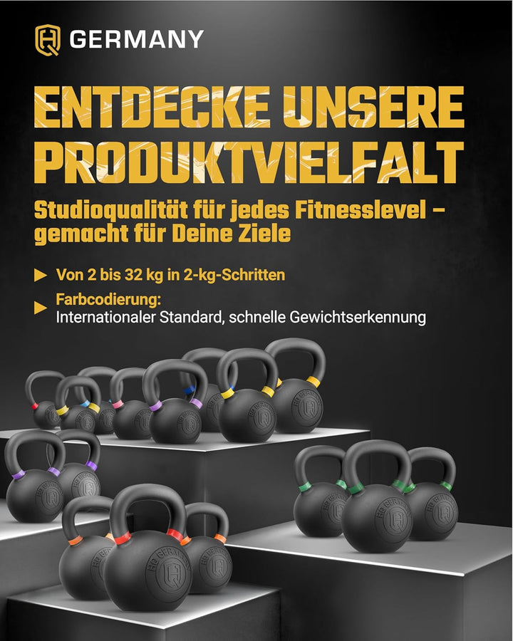 HQ Germany® Kettlebell Powdercoat [Pulverbeschichtung] - Kugelhantel 2-32kg | Vollguss ohne Schweiss