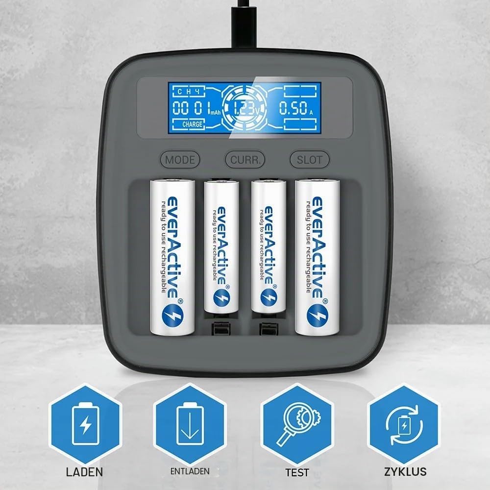 everActive Ladegerät für NI-MH, NI-Cd, 1-4x R6/AA, R03/AAA, professionell und schnell, USB-C NI-MH p