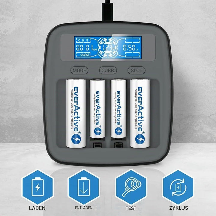 everActive Ladegerät für NI-MH, NI-Cd, 1-4x R6/AA, R03/AAA, professionell und schnell, USB-C NI-MH p