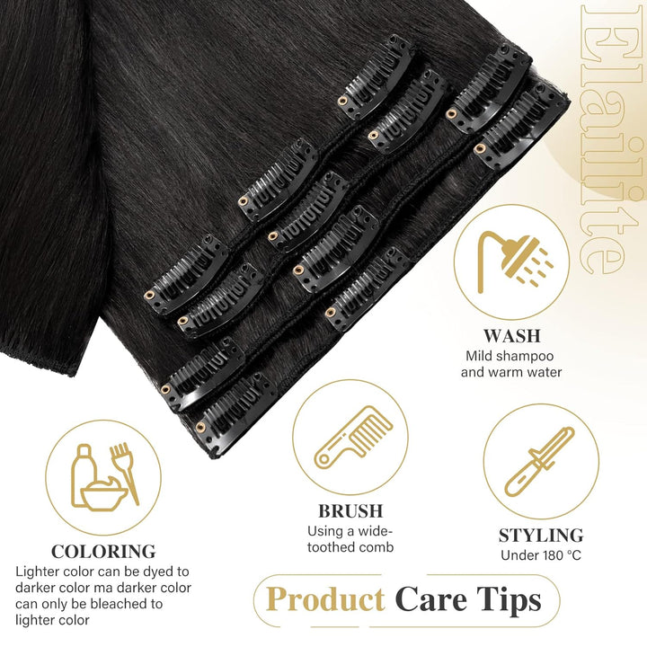 Elailite Extensions Echthaar Clip in 8 Tressen Glatt #1 Schwarz, Haarverlängerung Real Human Haar 25