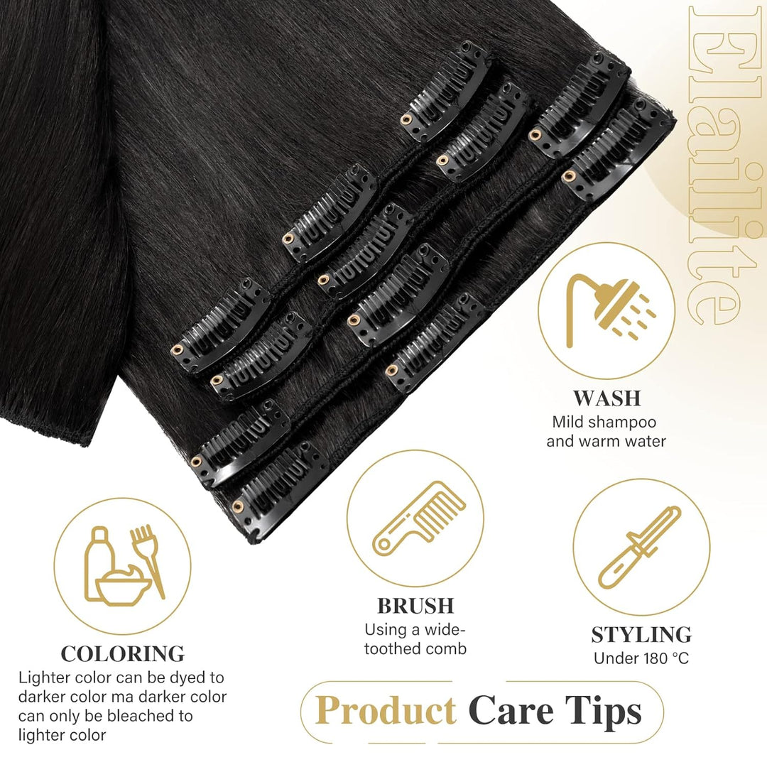 Elailite Extensions Echthaar Clip in 8 Tressen Glatt #1 Schwarz, Haarverlängerung Real Human Haar 40