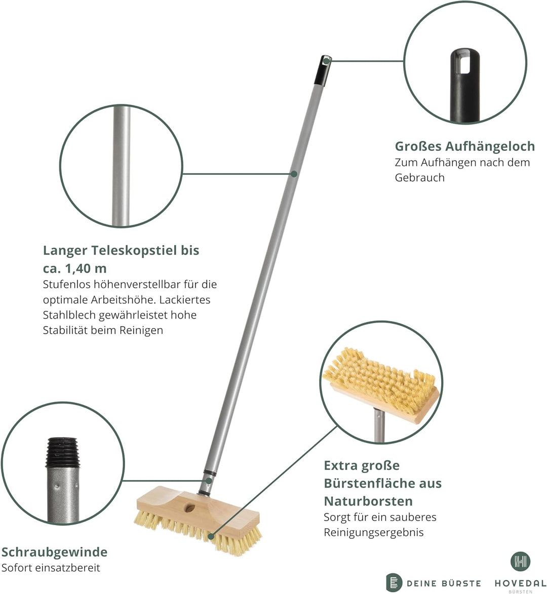 Schrubber mit Stiel / Teleskopstiel – Schrupper aus Holz mit Naturborsten – Ideal für die Reinigung