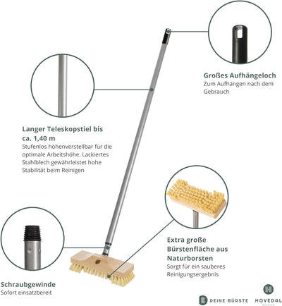 Schrubber mit Stiel / Teleskopstiel – Schrupper aus Holz mit Naturborsten – Ideal für die Reinigung