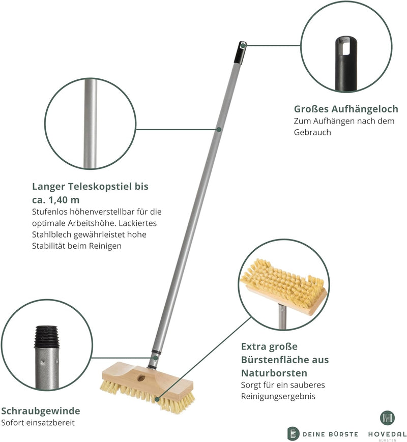 Schrubber mit Stiel / Teleskopstiel – Schrupper aus Holz mit Naturborsten – Ideal für die Reinigung