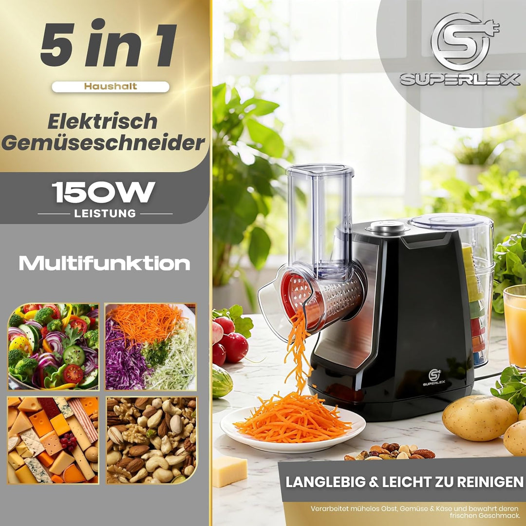 Gemüseschneider Elektrisch 5-in-1 Gemüsehobel mit 5 Austauschbaren Trommelklingen Elektrische Reibe
