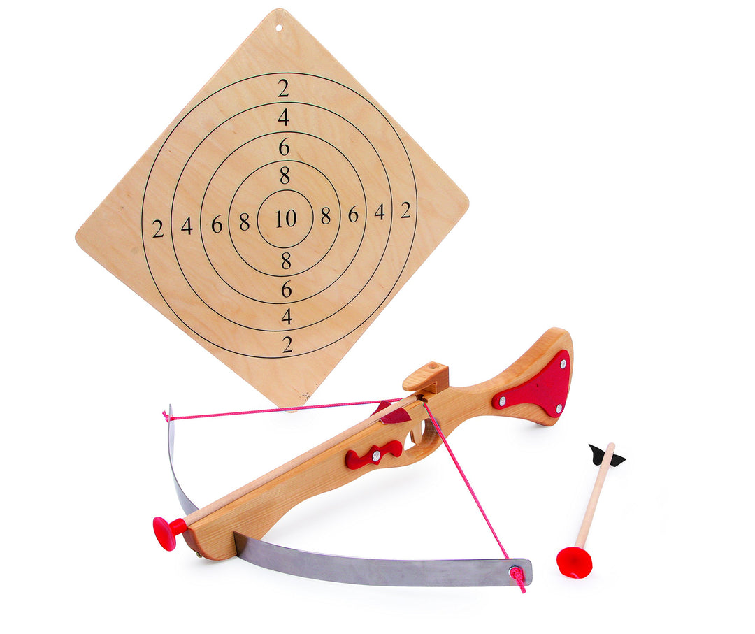 small foot Sportarmbrust aus Holz, Zielscheibe und zwei Pfeilen mit Gummikappen, Spielspass ganz ohn