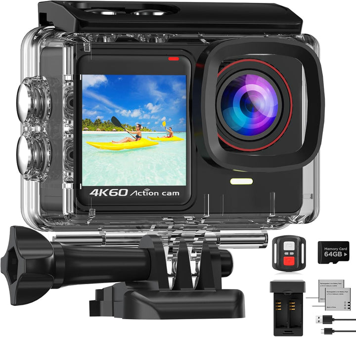TIMNUT Action Cam 4K 60fps, 8X Zoom Unterwasserkamera 24MP WiFi Kamera mit 64GB SD Karte, EIS Helmka