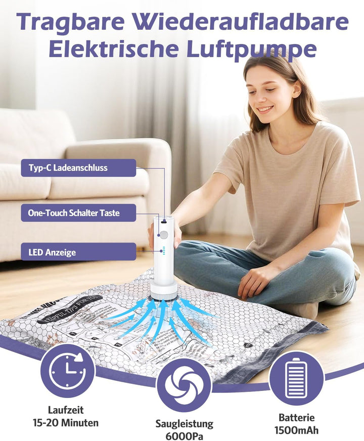 Vakuumbeutel mit Elektrischer Vakuumpumpe, 12 Stück in 3 Grössen für Kleidung, Bettdecken &amp; Reisen,