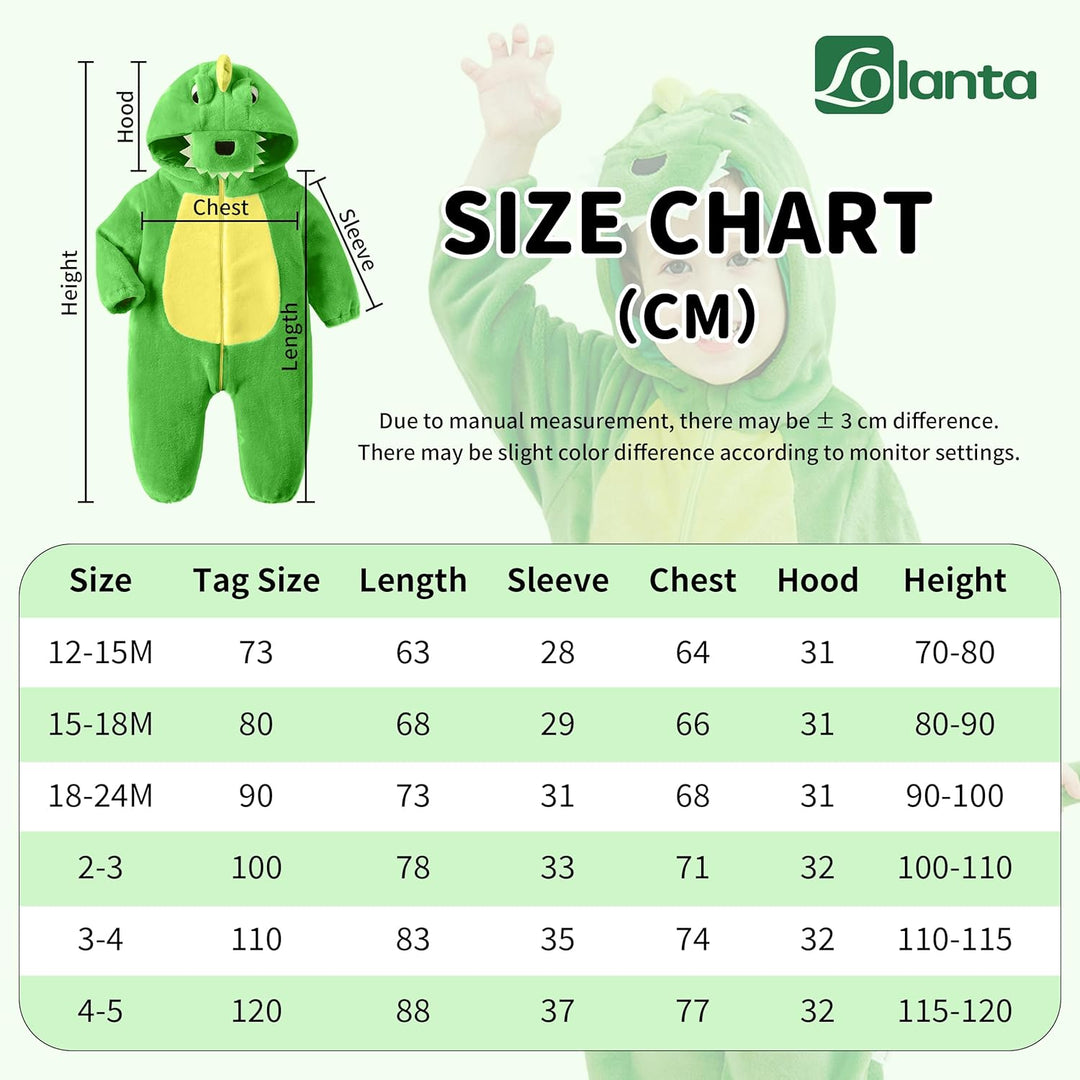 LOLANTA Baby Dinosaurier Drachen Kostüm mit Kapuze, Kinder Flanell Overall, Karneval Kostüm für Klei