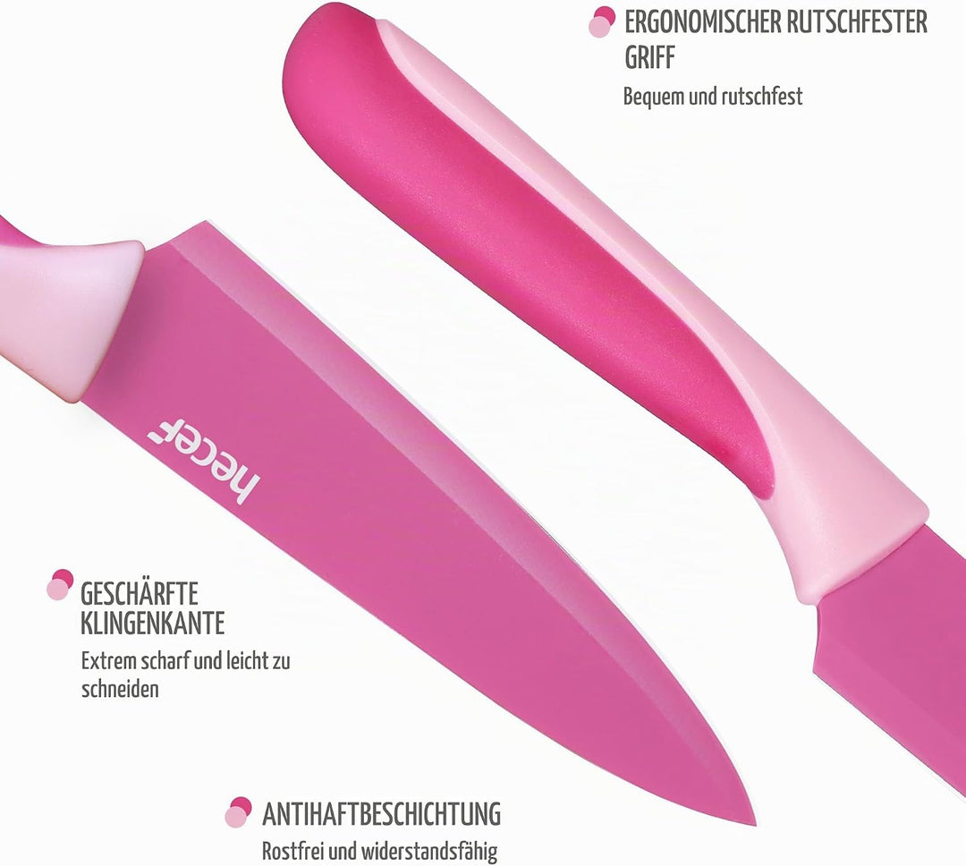 hecef 14-teilig Messerblock mit Messer, Pink, Antihaft-Beschichtung – Spülmaschinenfest, Messerblock
