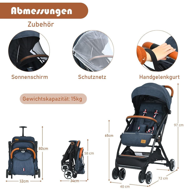 DREAMADE Kinderbuggy Klappbar mit Liegefunktion, Faltbar Buggy mit 5-Punkt-Sicherheitsgurt & Aufbewa