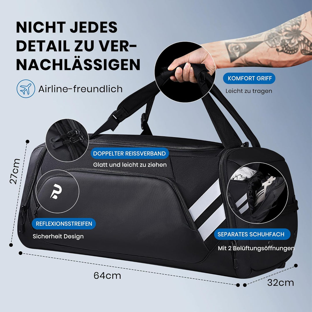 Sporttasche für Damen und Herren, 58L Reisetasche Gross Sporttasche mit schuhfach und Nassfach, Trai