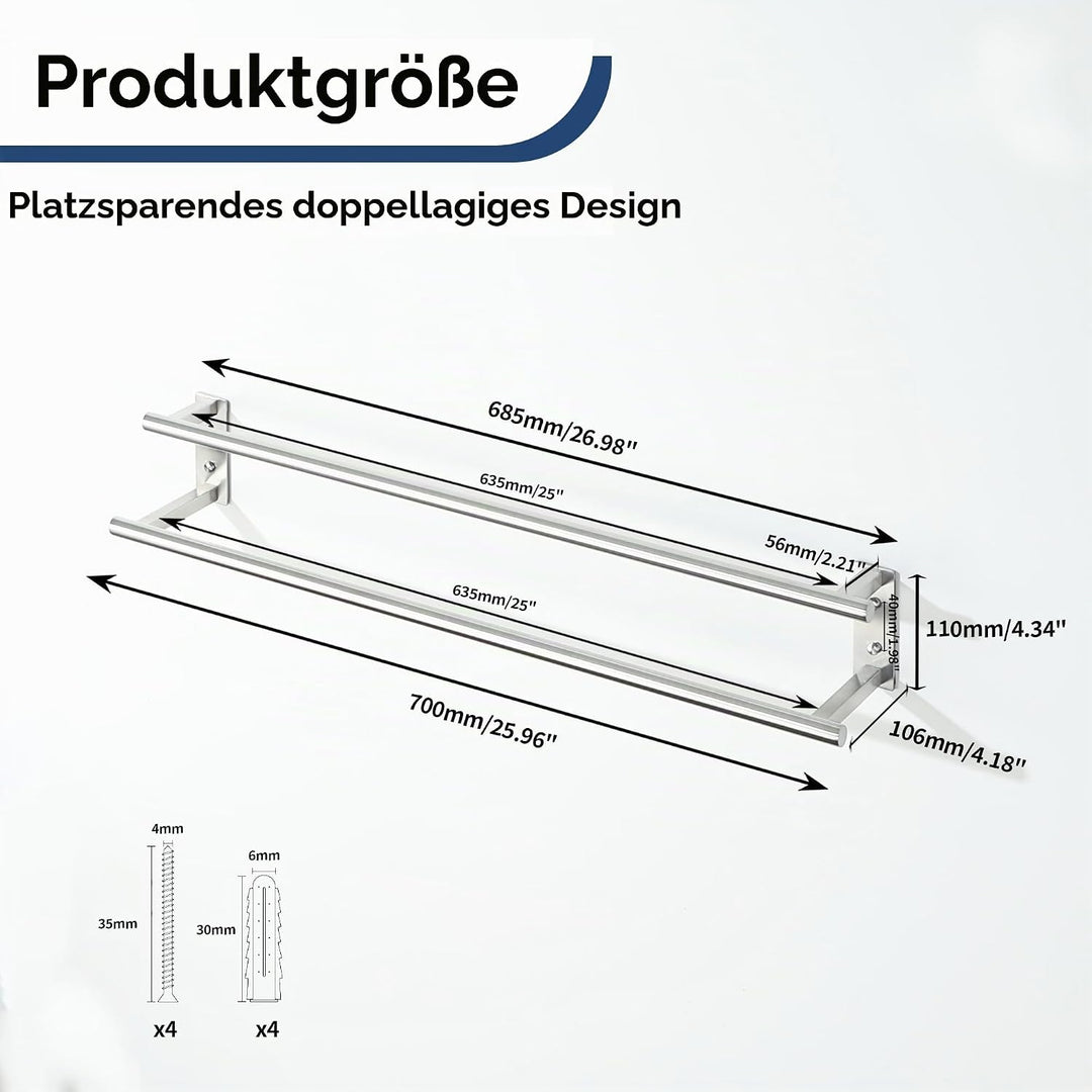 Gebürstet Handtuchhalter Wand, 70 cm doppelter Handtuchständer, Handtuchhalter aus Edelstahl SUS304,