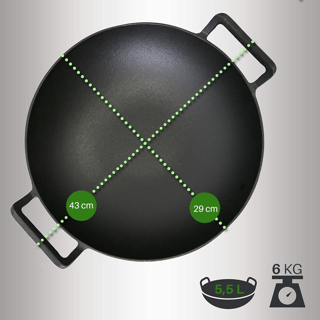 NutriChef Wokpfanne- Ø 30cm, Vorgewürztes- Wok Induktion- mit Holzdeckel | Gusseisenpfanne, Ideal zu