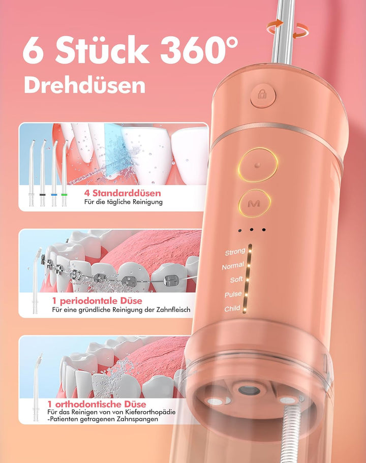Reise Munddusche Kabellos Zahnreinigung: Oral Irrigator mit 5 Modi, 180ML Wassertank IPX7 Wasserdich