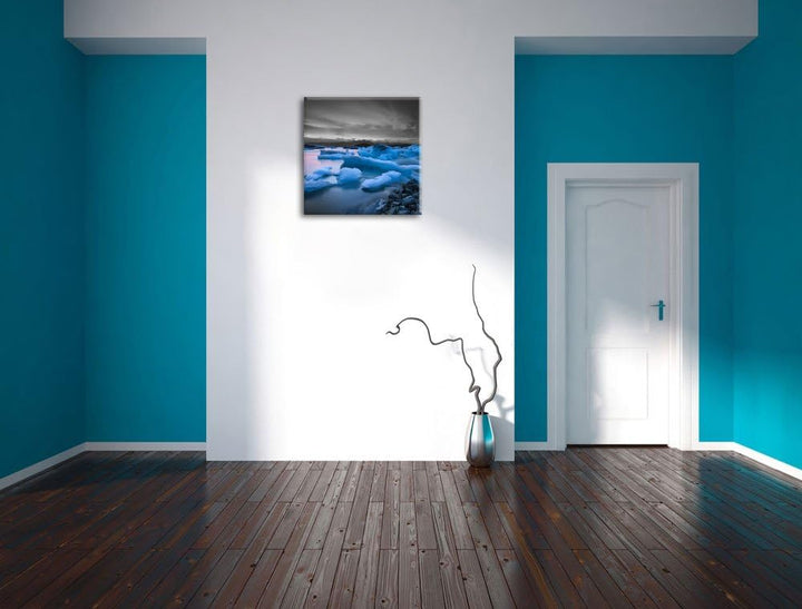 Pixxprint Extreme Eislandschaft Schwarz/Weiss, Format: 70x70 auf Leinwand, 70x70