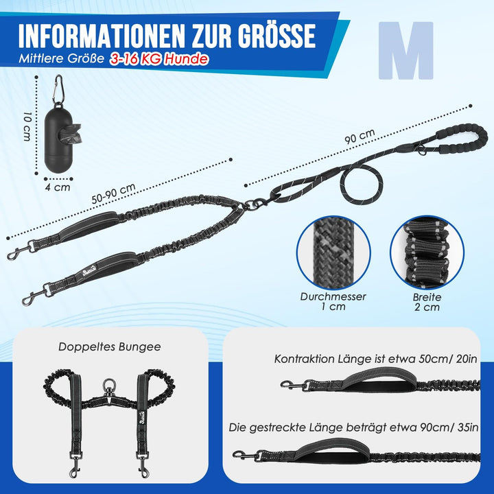 Eyein Doppelleine für 2 Hunde, Hundeleine für kleine und mittelgrosse Hunde, Flexible und reflektier