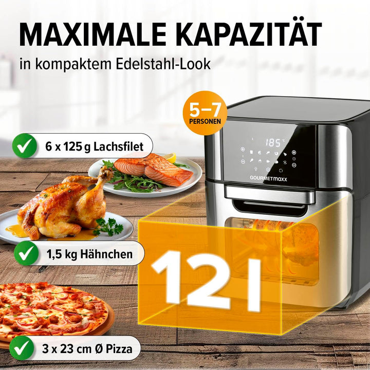 GOURMETmaxx Digitale Heissluftfritteuse 12 L, XXL-Edelstahl-Ofen | Airfryer + Timer, Touchdisplay, D