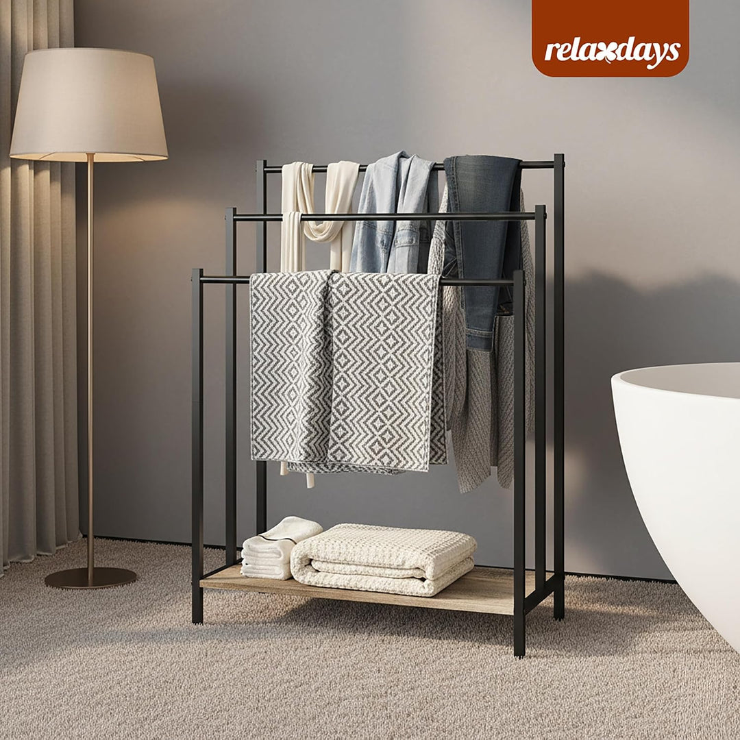 Relaxdays Handtuchständer mit Ablage, HxBxT: 82,5x60x28 cm, Holzoptik, 3 Stangen, Handtuchhalter ste