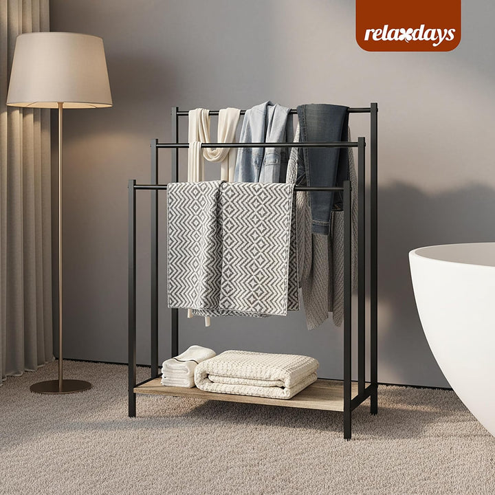 Relaxdays Handtuchständer mit Ablage, HxBxT: 82,5x60x28 cm, Holzoptik, 3 Stangen, Handtuchhalter ste