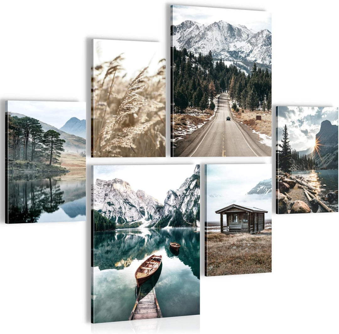 Novart Bilder Set - AUFHÄNGFERTIG - KEIN EXTRA RAHMEN BENÖTIGT - See Berge Landschaft Modern Natur -