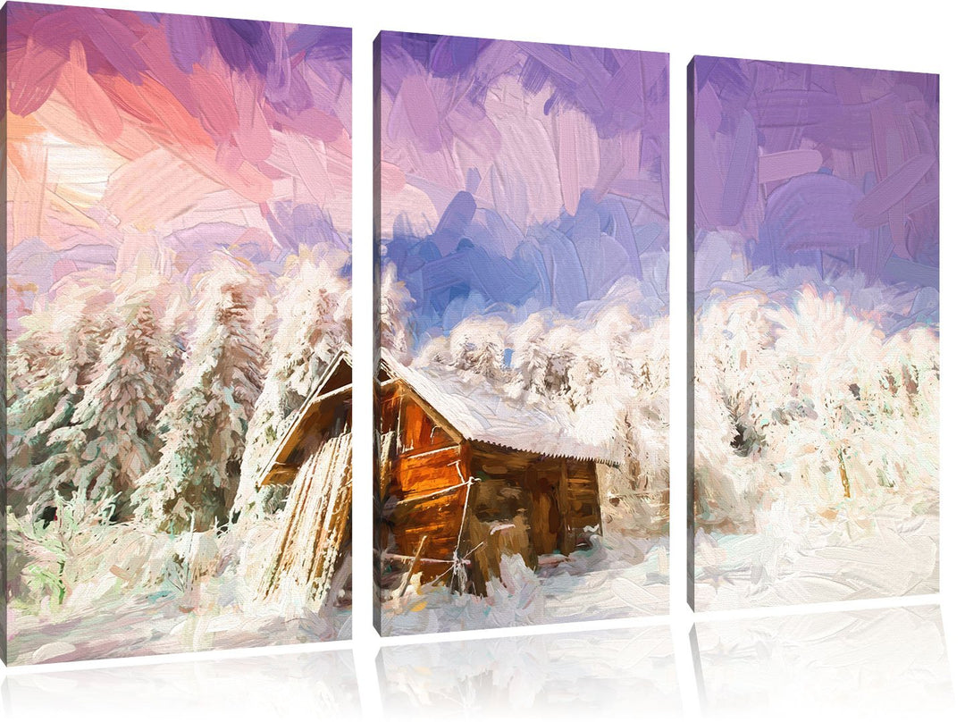 Pixxprint Holzhütte im Schnee als Leinwandbild/Grösse: 3 Teilig (120x80) cm/Wandbild/Kunstdruck/fert