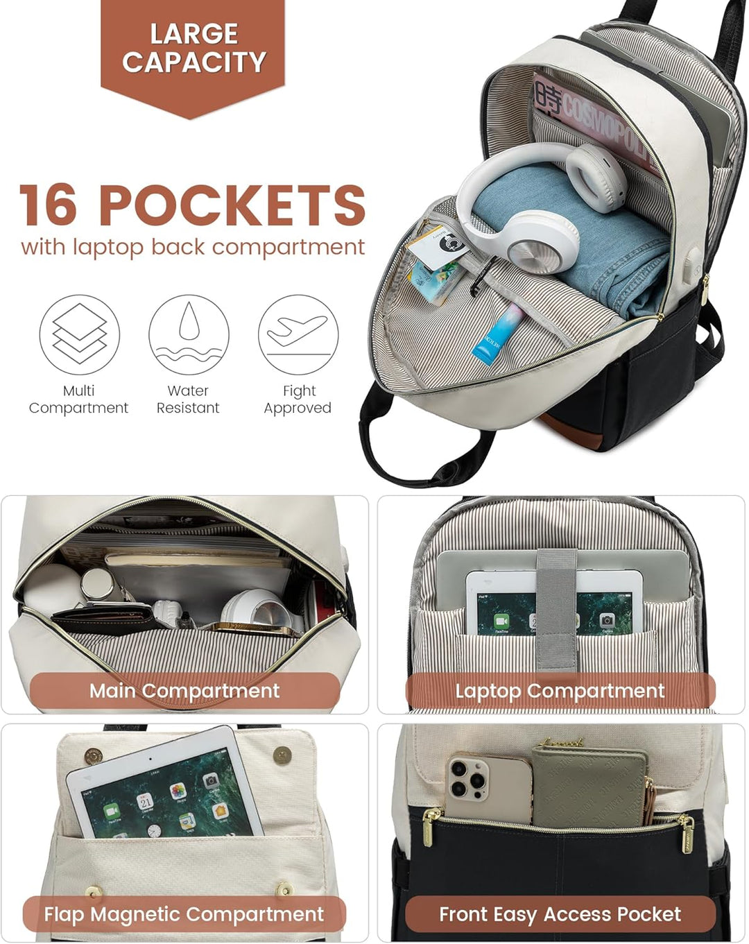 LOVEVOOK Rucksack Damen, 15,6 Zoll Laptop Schulrucksack Teenager Mädchen mit Laptopfach, Wasserdicht