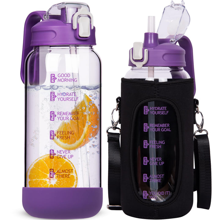 2l Trinkflasche Glas mit Strohhalm & Zeitmarkierung 2 liter Grosse Motivation Glasflasche mit Uhrzei
