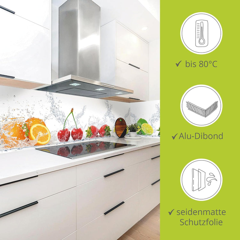 ARTland Spritzschutz Küche aus Alu für Herd Spüle 90x50 cm (BxH) Küchenrückwand mit Motiv Essen Obst