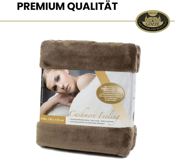 Gözze - Premium Cashmere-Feeling Wohn- und Kuscheldecke, 500 g/m², 130 x 170 cm - Taupe, Offwhite Of