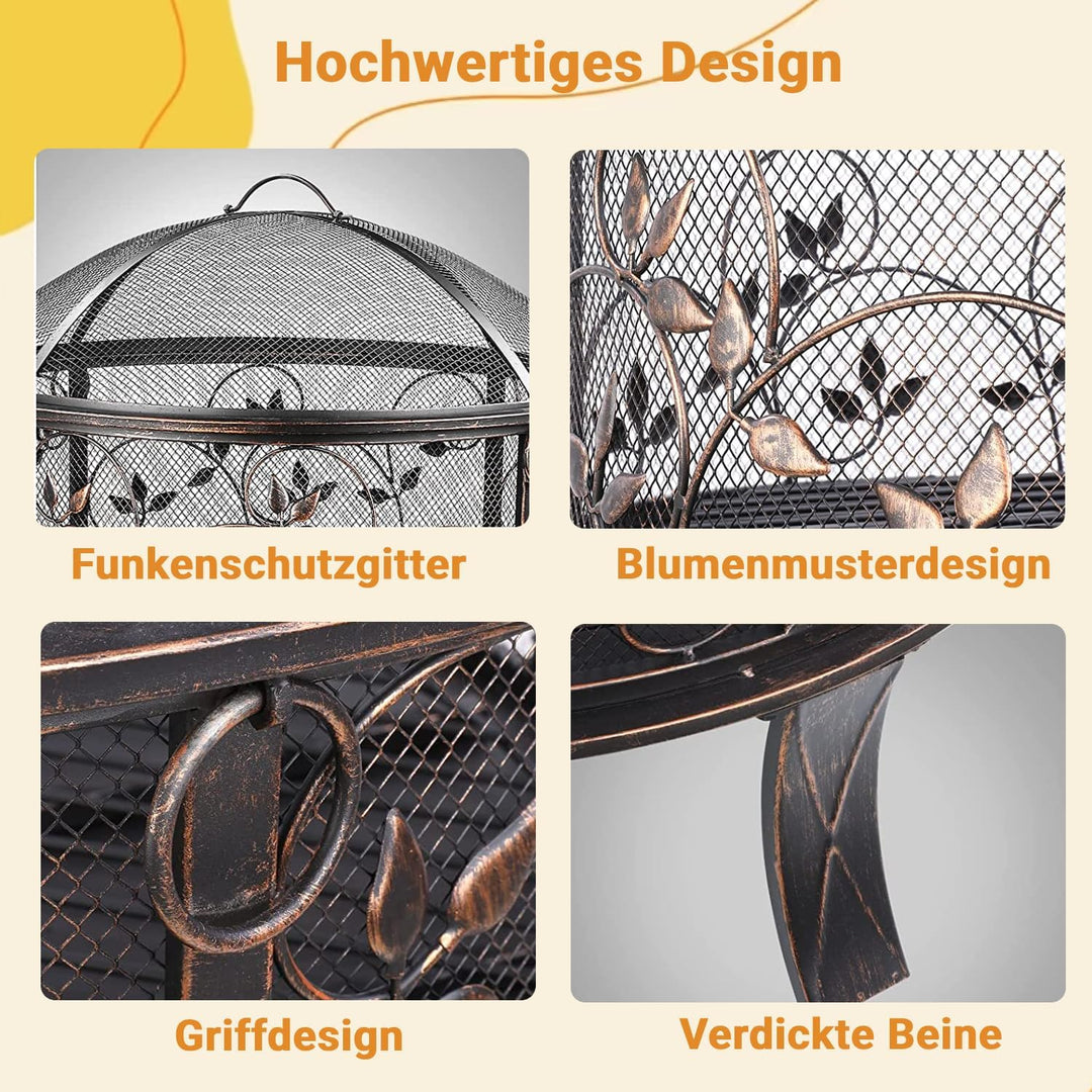 Feuerschalen, Feuerschale mit Funkenschutz, Feuerschale Garten Ø71x65cm, inkl. Poker & Kohlerost, Fe
