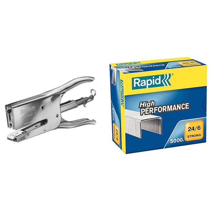 Rapid 10510601 Heftzange K1 (Metall, Heftleistung 50 Blatt, Heftklammerntyp 24) chrom &amp; Heftklammern