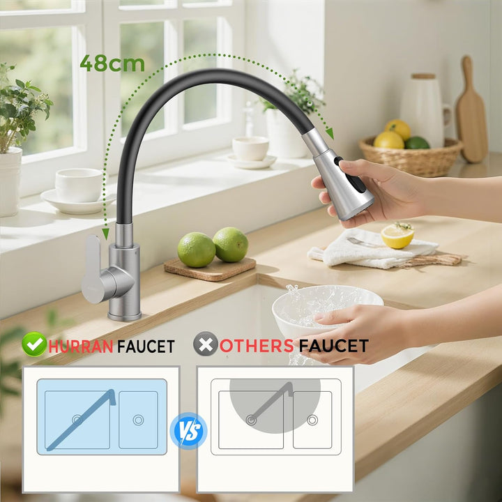 Hurran Flexibler Wasserhahn Küche mit 3 Sprühmodi, 360° Schwenkbare Küchenarmatur, Einhebelmischer a