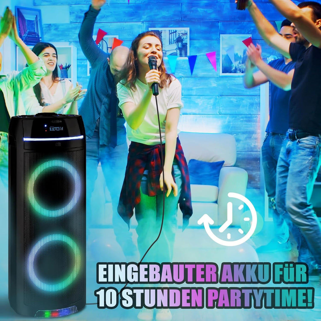 Party-Box PS10CD - mit Bluetooth, LED-Farb-Beleuchtung, FM-Radio und CD-Player - mitgeliefertes Mikr