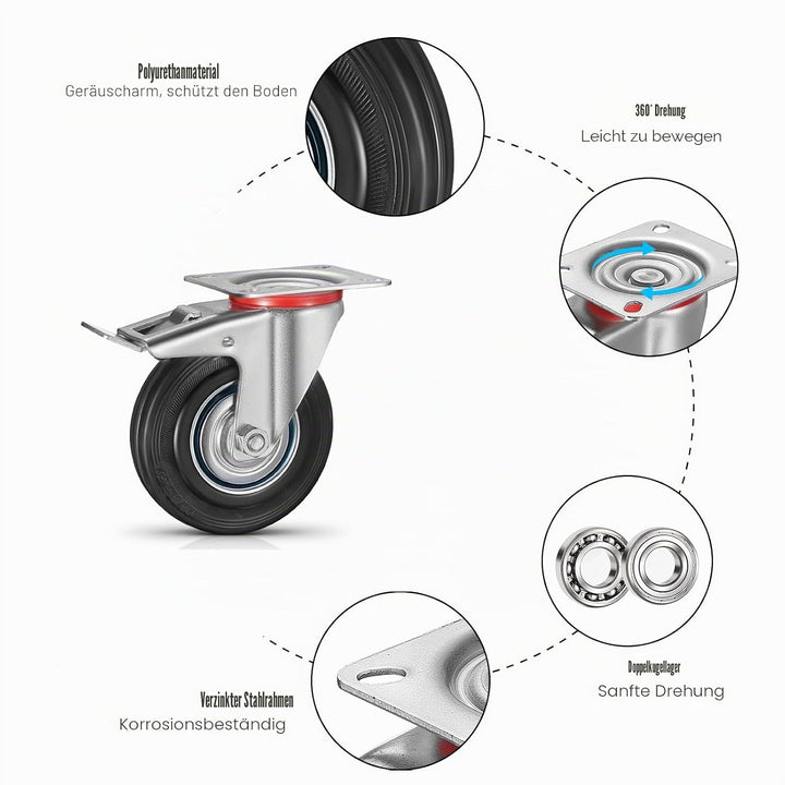 8 Stück Schwerlastrollen 125 mm Lenkrollen Transportrollen mit Feststeller, belastbar bis 400 kg Pal
