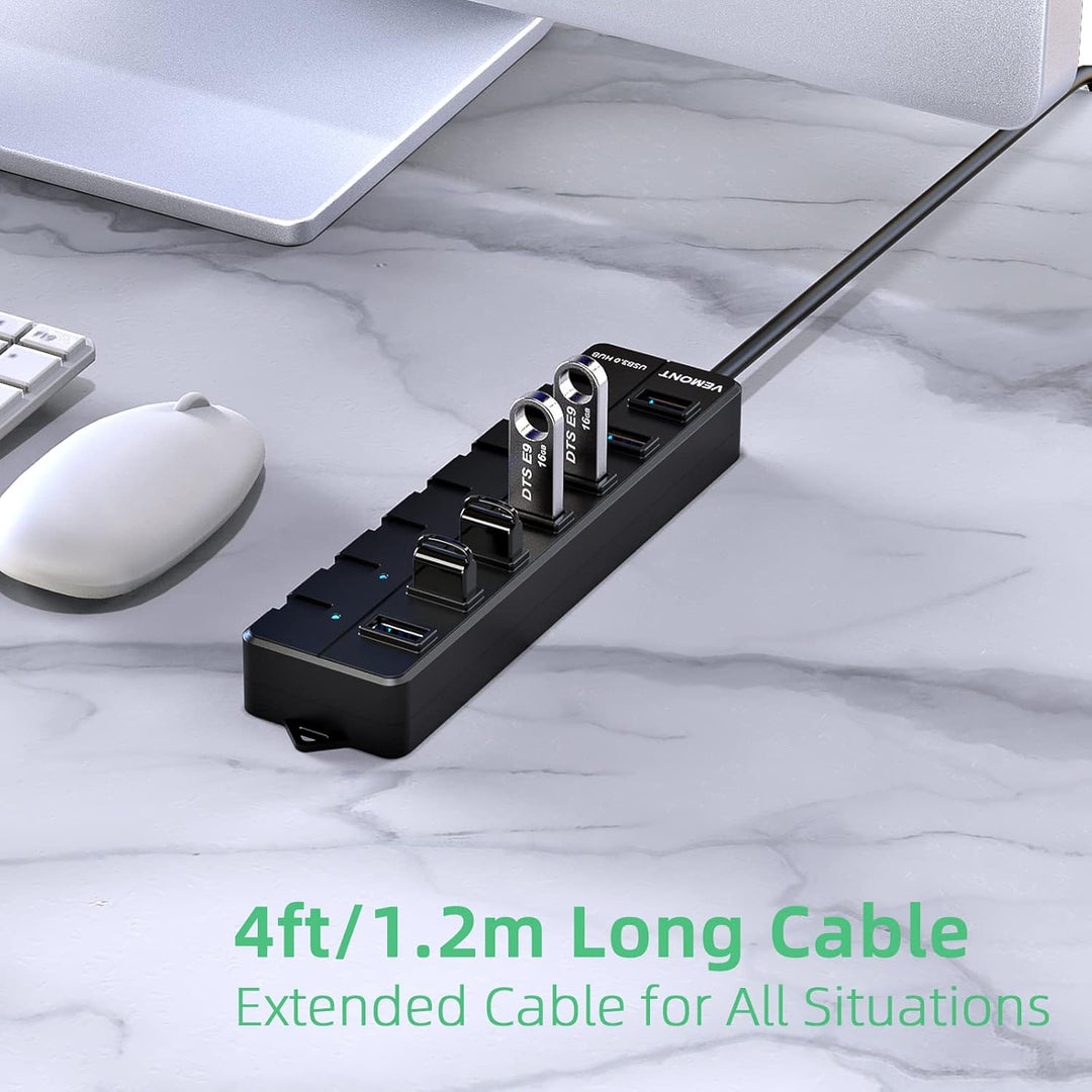 USB 3.0 Hub, VEMONT 7-Port USB Hub Splitter mit verlängertem 1.2m Kabel, USB Verteiler mit einzelnen