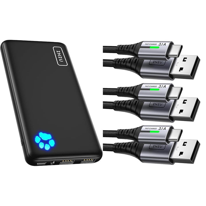 INIU Power Bank, Ultra Slim 10000mAh Powerbank Klein Aber Stark & USB auf USB C Kabel, [3er Pack, 2m