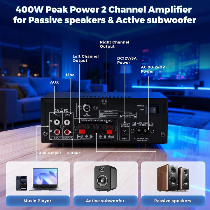 HiFi-Verstärker, Mini Bluetooth Stereo Audio Verstärker Receiver 12V/ 220V 800W 2 Kanäle Endverstärk