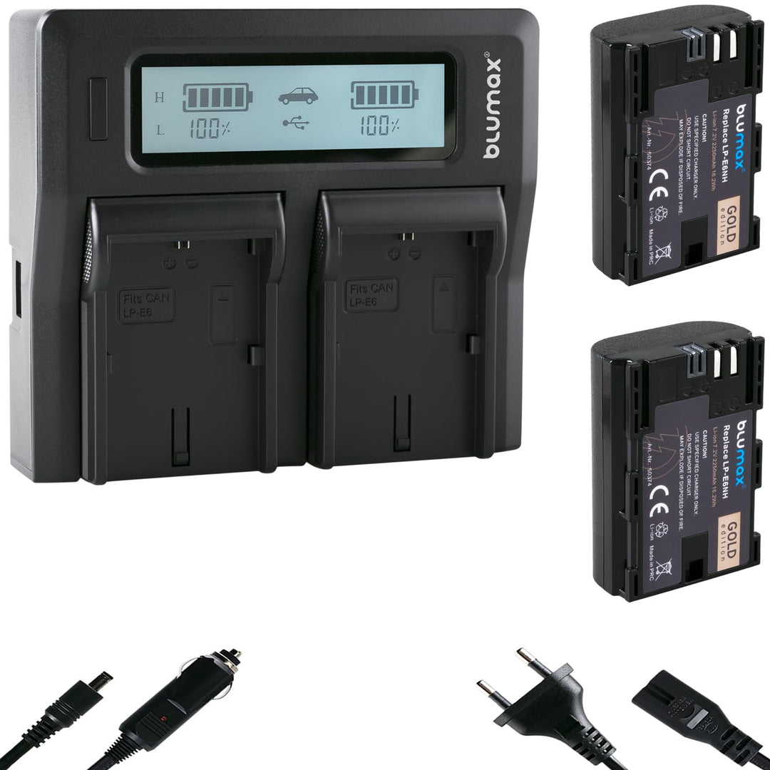 2X Blumax Akku LP-E6NH 2250mAh + Dual LCD Ladegerät