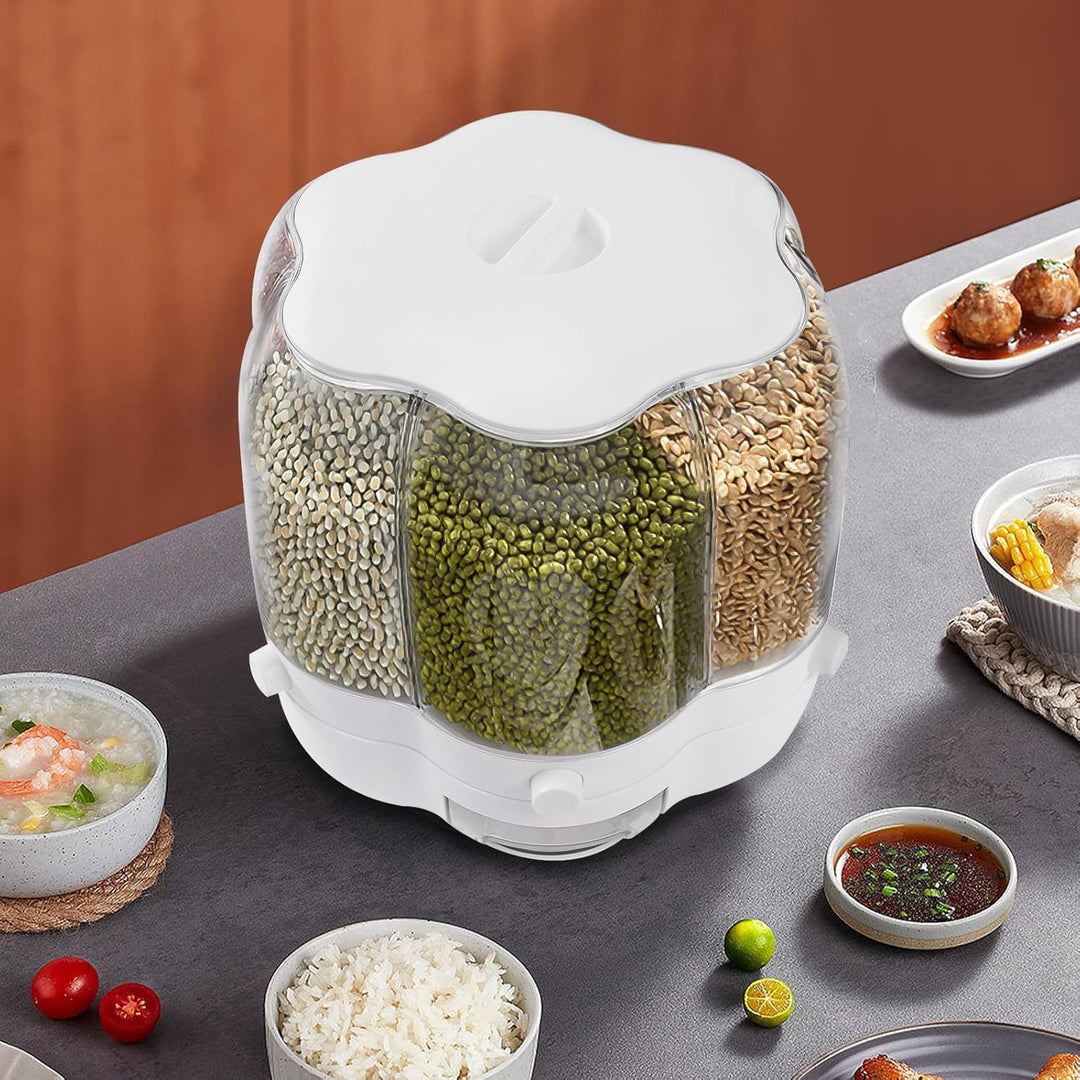 Drehbarer Müslispender Reisspender Cerealienspender 6 Fächer 360° drehbar transparent für Reis Mehl