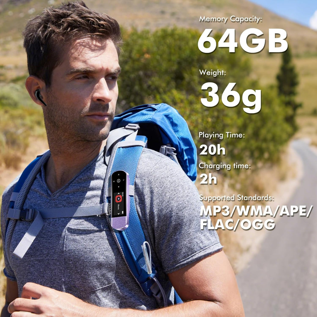 64GB Tragbarer USB MP3 Player mit Bluetooth 5.3, Clip für Sport & Laufen, FM Radio, Voice Recorder,
