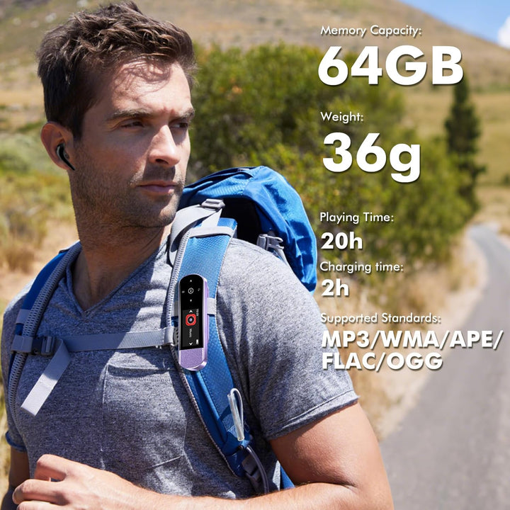 64GB Tragbarer USB MP3 Player mit Bluetooth 5.3, Clip für Sport & Laufen, FM Radio, Voice Recorder,